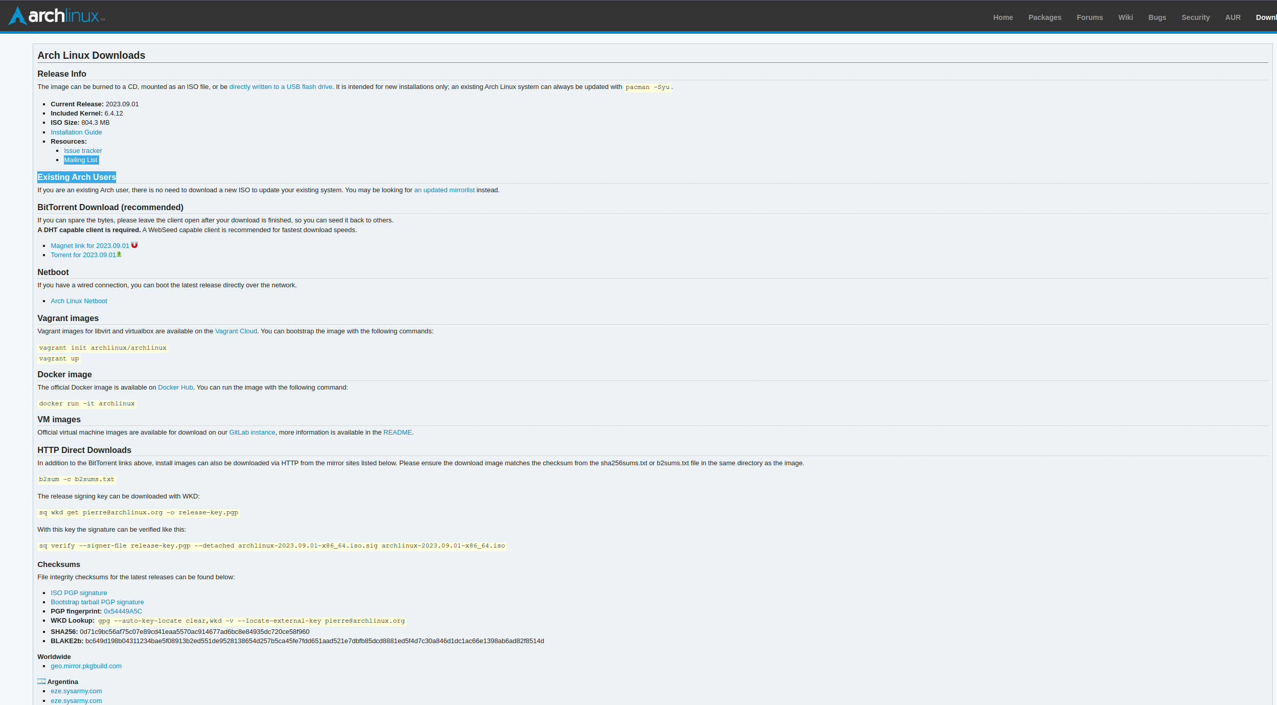 Arch Linux ISO download page.